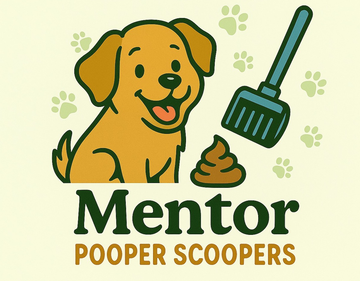 Mentor Pooper Scoopers logo with cartoon dog, poop emoji, and rake.
